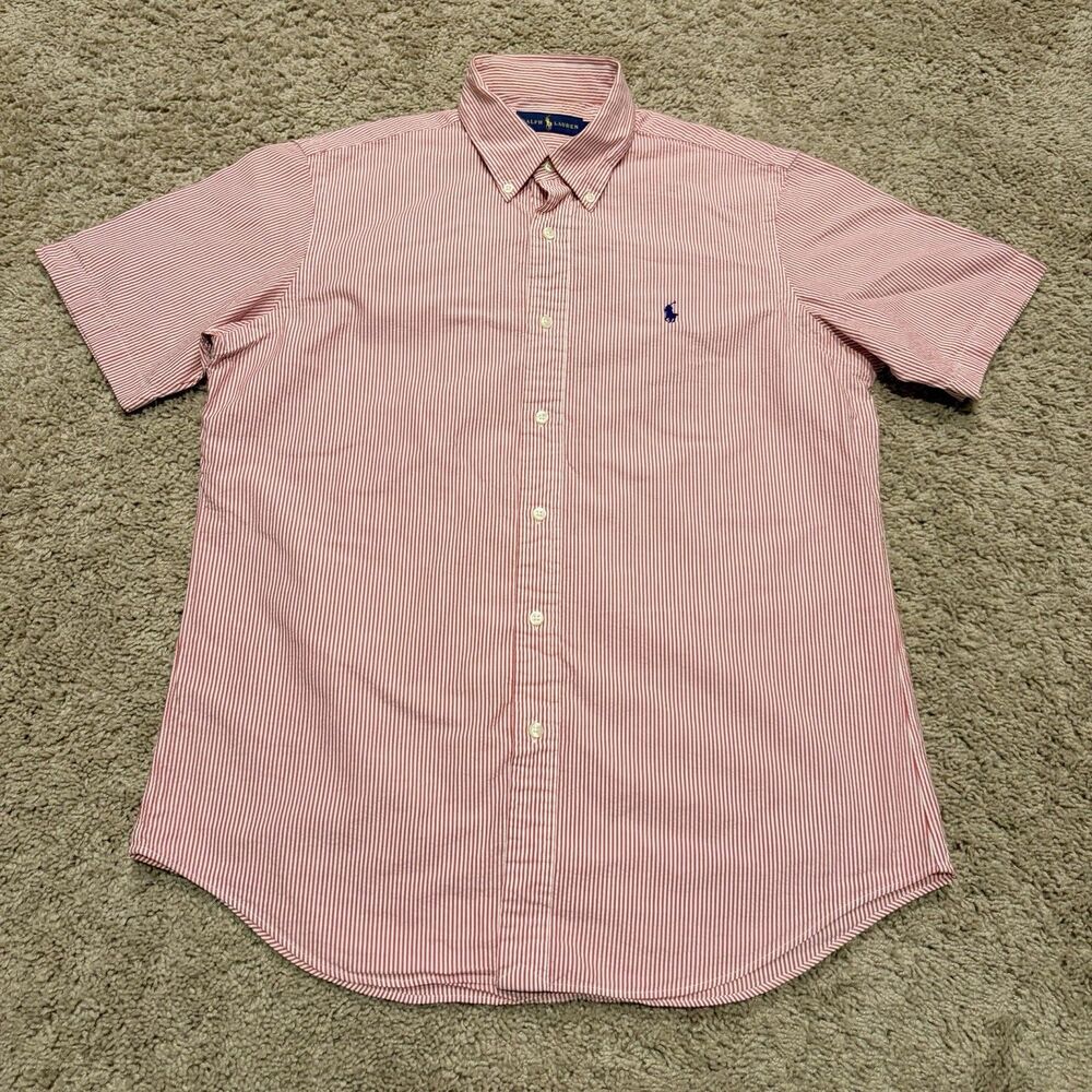 Ralph Lauren Seersucker Button Down Shirt Mens Medium Red Striped Summer Casual